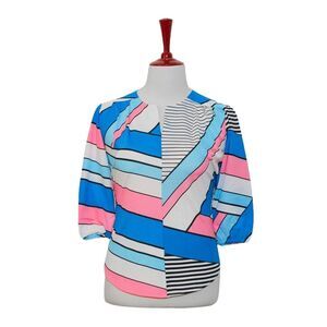 Womens Silky Blouse Blue Pink White Geometric 3/4 Sleeve V-Neck Casual Top Large